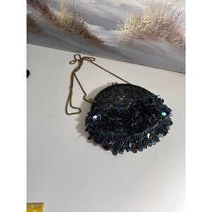 Vintage Iridescent Black Beaded Sequin Round Evening Bag Kiss Lock Gold Chain